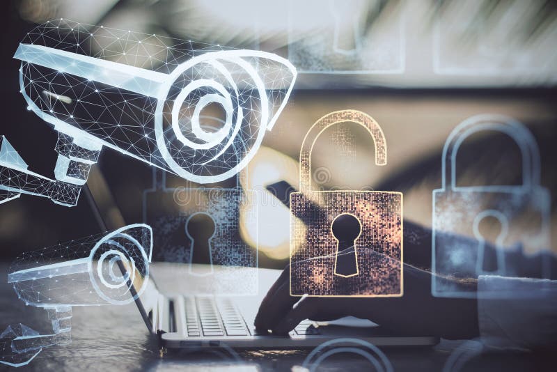 Hands Using Laptop with Polygonal Security Camera and Lock Icons Stock