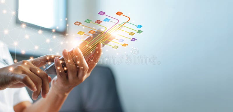 Hands using mobile payments, Digital marketing. Banking network. Online shopping and icon customer networking connection stock illustration
