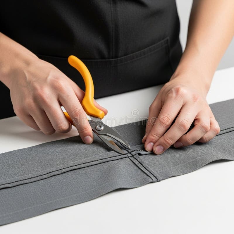 Of hands using orange-handled scissors to cut along a seam of gray stock illustration