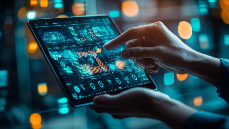 Hands using a tablet with futuristic data interface royalty free stock images
