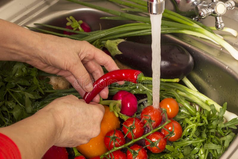 Hands wash vegetables in sink