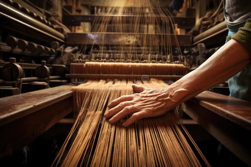 Hands of a worker operating a large industrial loom royalty free stock photography