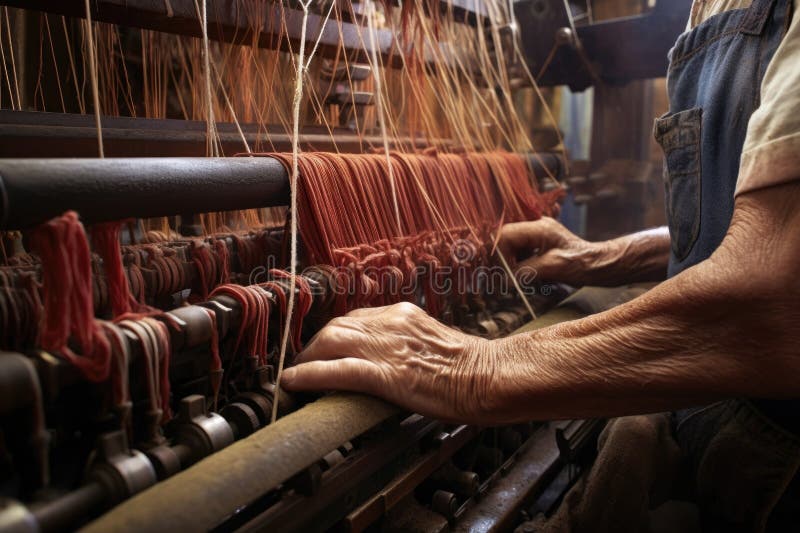 Hands of a worker operating a large industrial loom stock photo