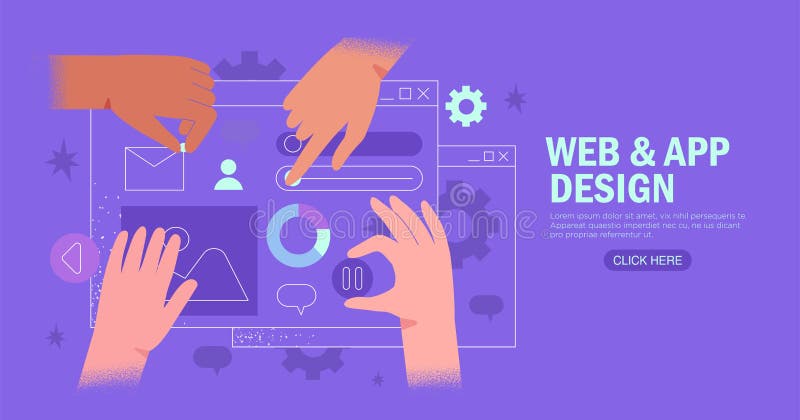 Hands working on website or application, ui ux design and programming. Team of designers doing research and prototyping stock illustration