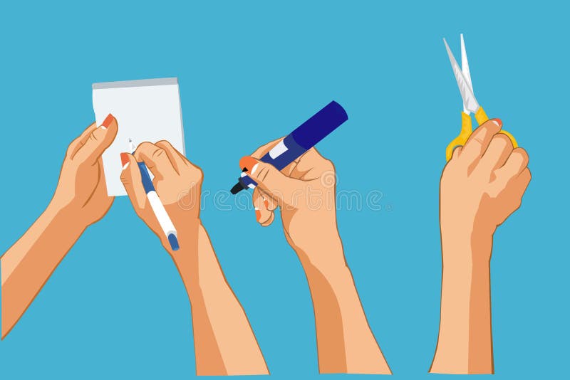 Hands writing note ,holding Whiteboard pen, holding scissors. stock illustration