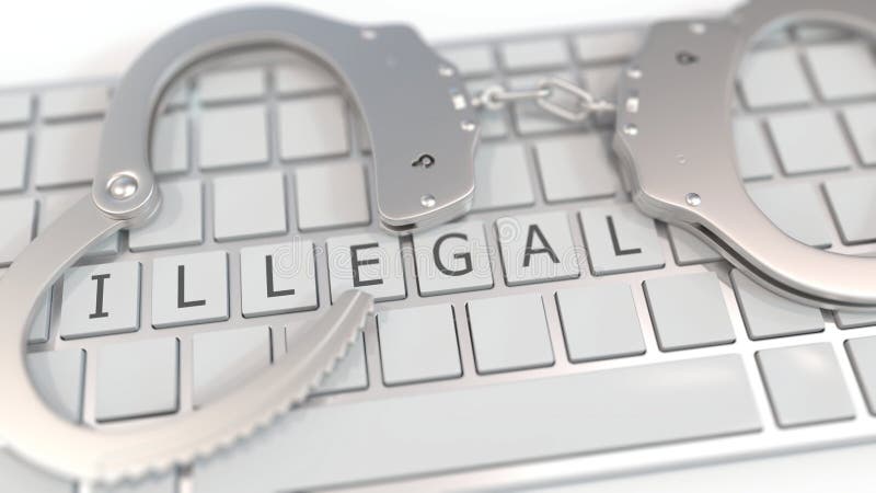 Handschellen auf Tastatur mit ILLEGALEM Text Schlüsseln Computerkriminalität Verbundene Begriffs-Wiedergabe 3D. Handschellen auf Tastatur mit Text auf Schlüsseln Computerkriminalität Verbundene Begriffs-3D