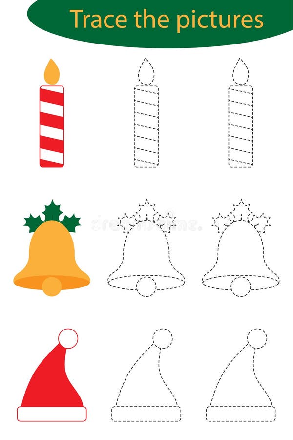 Handschriftspraxisblatt, Weihnachten, Spur die Bilder - Kerze, Glocke, Sankt-Hut, Kindervorschultätigkeit stock abbildung Handschriftspraxisblatt, Weihnachten, Spur die Bilder - Kerze, Glocke, Sankt-Hut, Kindervorschultätigkeit stock abbildung