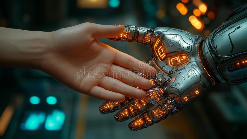 Handschütteln mit Robotern Metall Handgenerative ai. Eine Hand, die sanft eine Metallhand eines Roboters schüttelt, die die harmonische Beziehung zwischen Mensch und Technologie symbolisiert. die leuchtenden robotischen Lichter schaffen ein futuristisches Gefühl