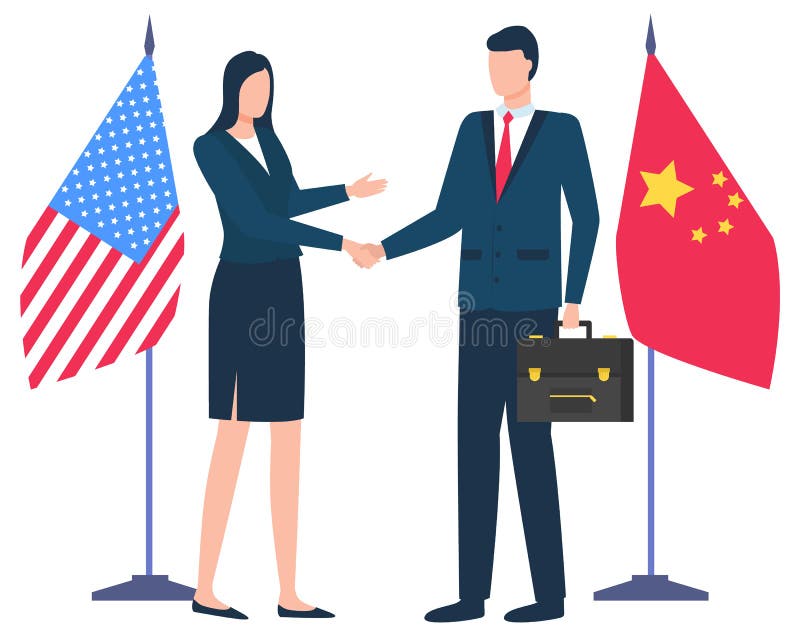 Flags of United States of America and China vector, flat style characters. Handshake of companies representatives, man holding briefcase with official documents and paper, woman secretary helper. Flags of United States of America and China vector, flat style characters. Handshake of companies representatives, man holding briefcase with official documents and paper, woman secretary helper