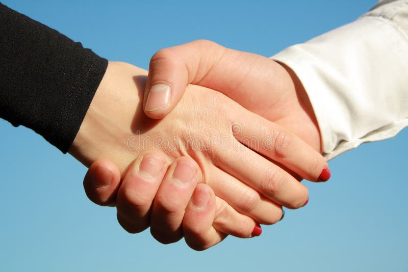 Handshake Of The Girl And Men On Blue Sky Stock Photo Image of girl