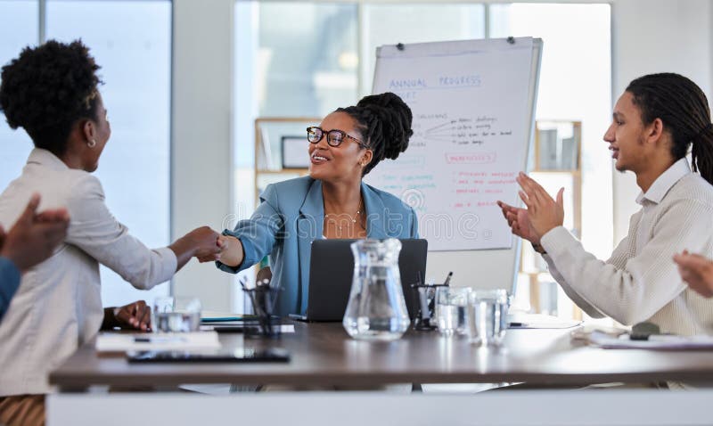 Handshake, success or applause of business people in a meeting or presentation for sales goals or deal. Partnership, b2b stock image