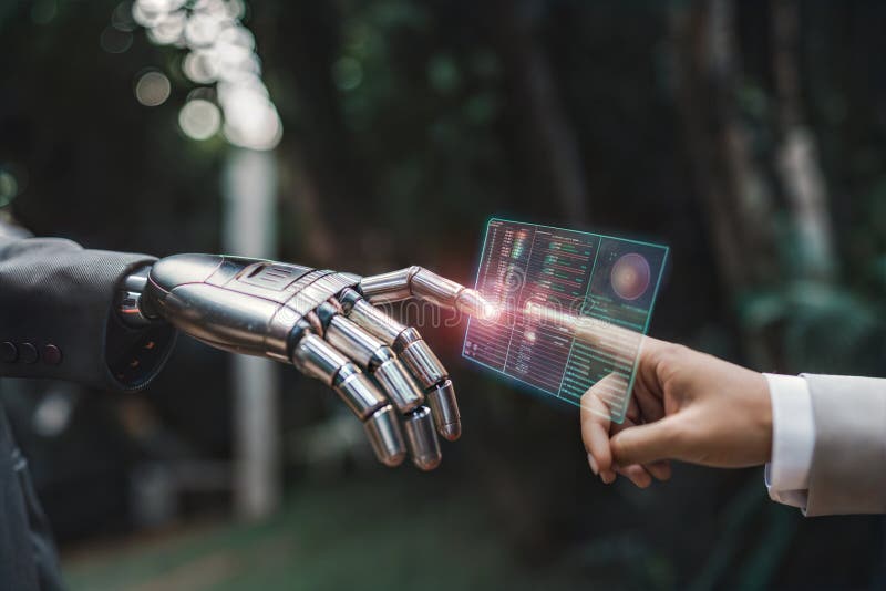 Handshake von Mensch und Roboter mit Hologramm stock abbildung