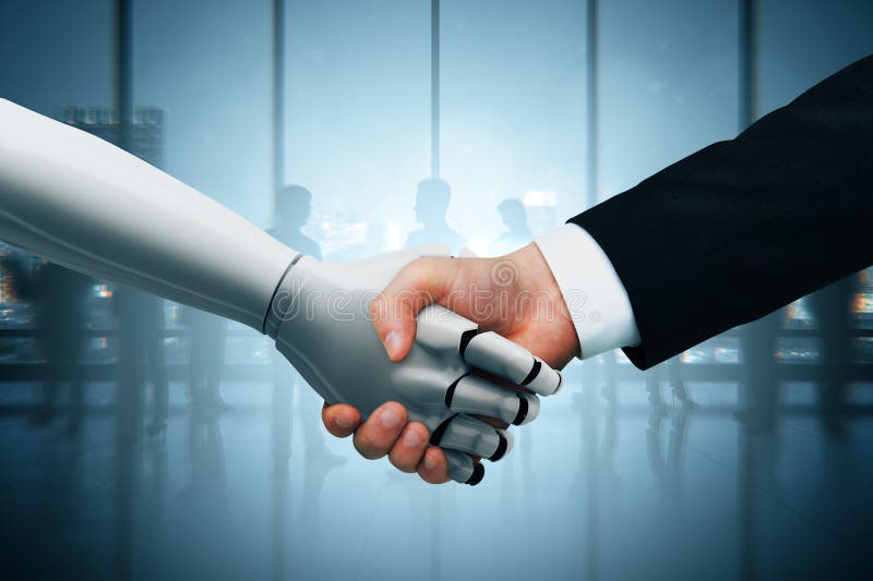 Handskakning från människa och robot symboliserar AI-partnerskap och tekniskt samarbete i ett framtida affärsklimat arkivbild