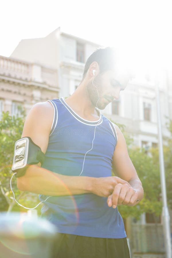 Handsome Athlete Checking Heart Rate Watch Stock Image Image of