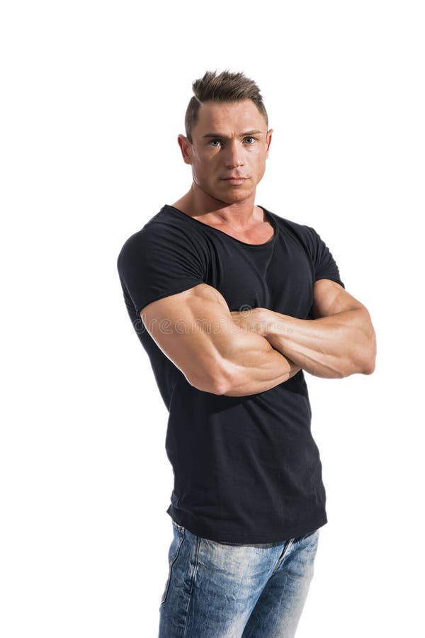 Sexy, Brutal, Muscular Man In Black T-shirt Standing With Arms Crossed Stock  Photo Image Of African, Employer: 155958670