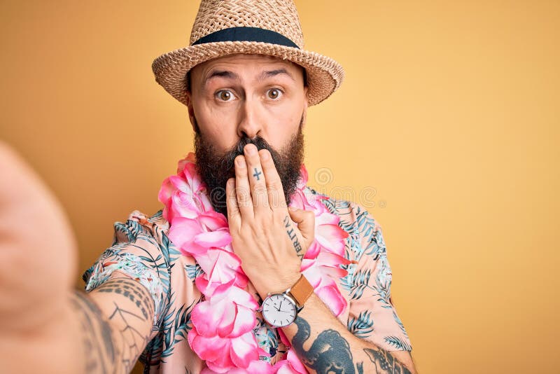 Handsome Bald Man with Beard and Tattoo on Vacation Wearing Summer Hat and  Hawaiian Lei Cover Mouth with Hand Shocked with Shame Stock Image - Image  of hand, looking: 219442929