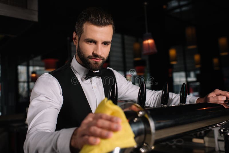 Handsome Bartender Cleaning Beer Taps Stock Image Image of caucasian