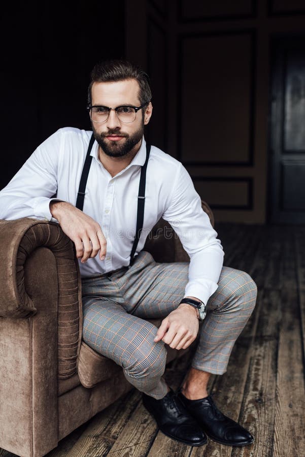 Bearded Man in Suspenders Smoke Pipe. Brutal Guy Wear Bow Tie. Elegant ...