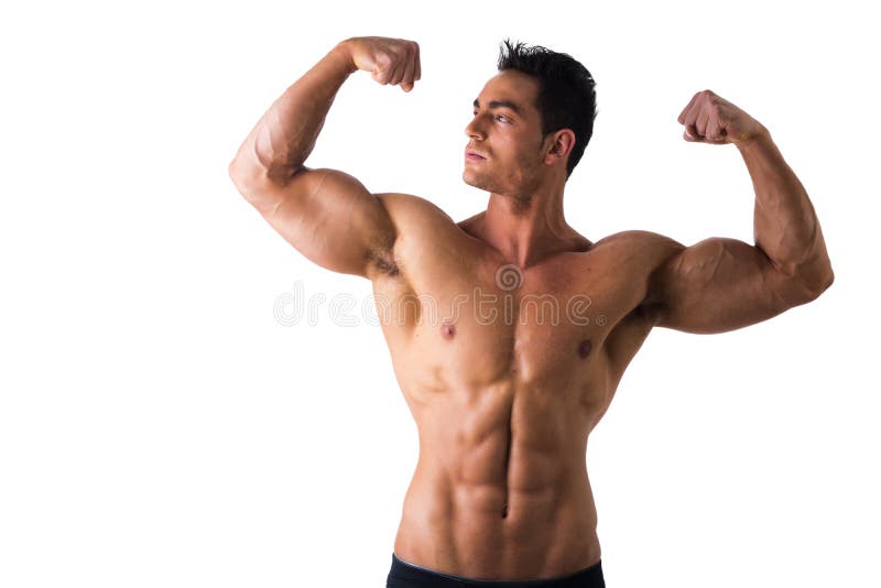 Studio shot of young male bodybuilder posing, showing side biceps and chest  pose, on black background. Stock Photo | Adobe Stock