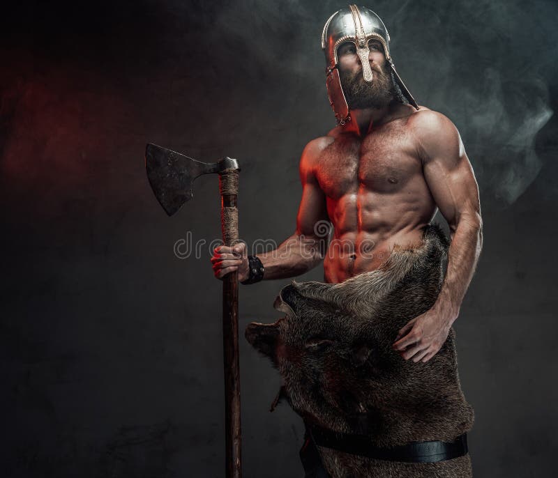 Brutal Viking Posing Holding Shield and an Axe in Studio Stock Image ...