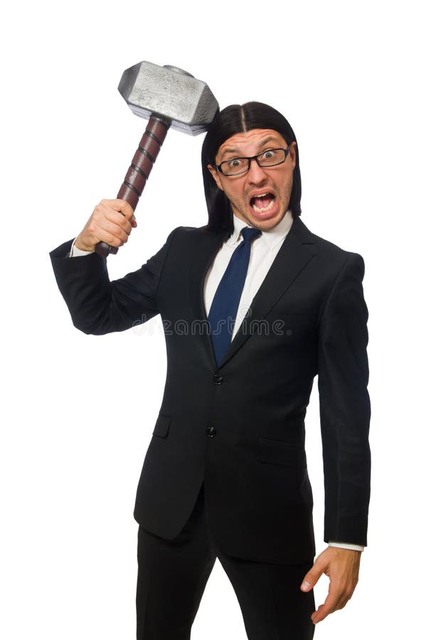 Handsome businessman holding hammer isolated on