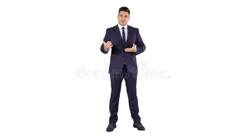 Handsome businessman looking in camera and talking on white back royalty free stock photos