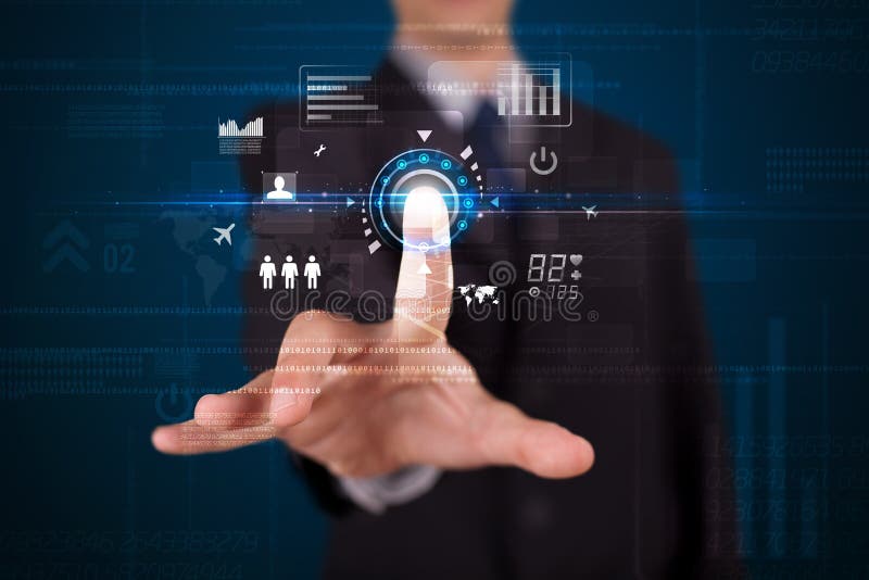 Handsome businessman touching future web technology buttons and stock image