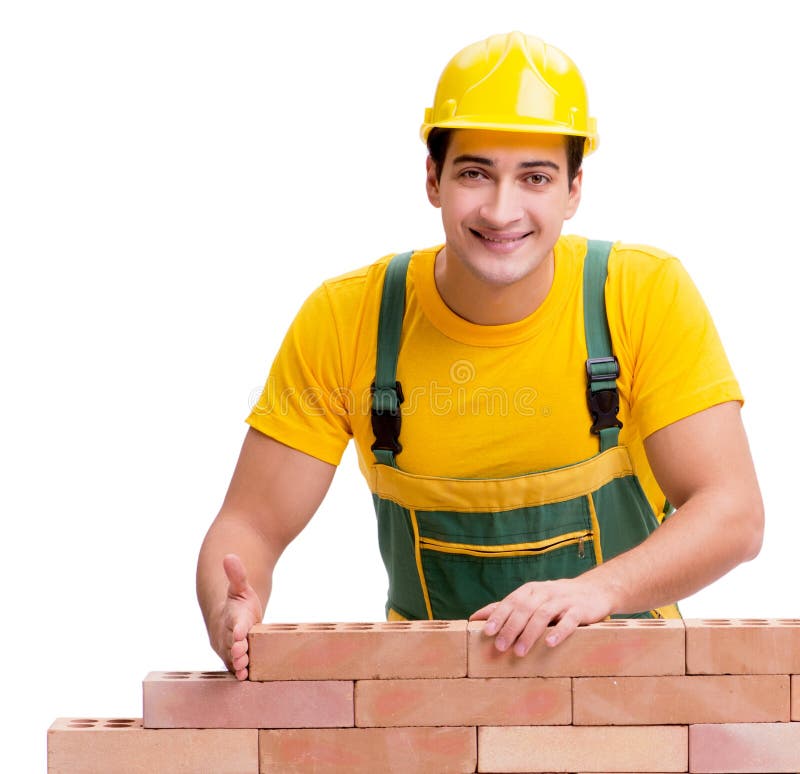 The Handsome Construction Worker Building Brick Wall Stock Photo