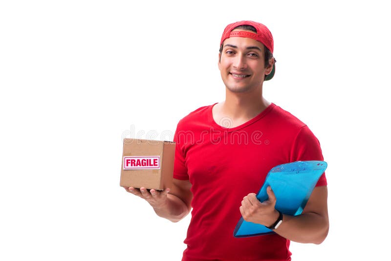 The handsome contractor holding fragile box isolated on white