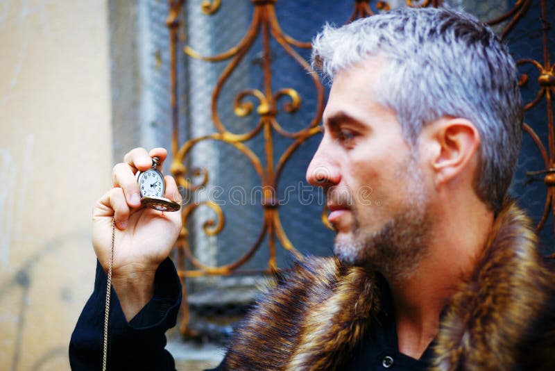 Handsome Elegant Man with Pocket Watch and Wolf Fur. Stock Image ...