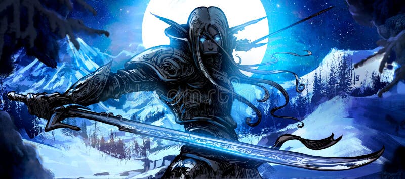 A handsome elf warrior with two curved blades stands against the backdrop of a huge winter moon, ready for battle, his eyes glowing with blue magical light. 2D illustration