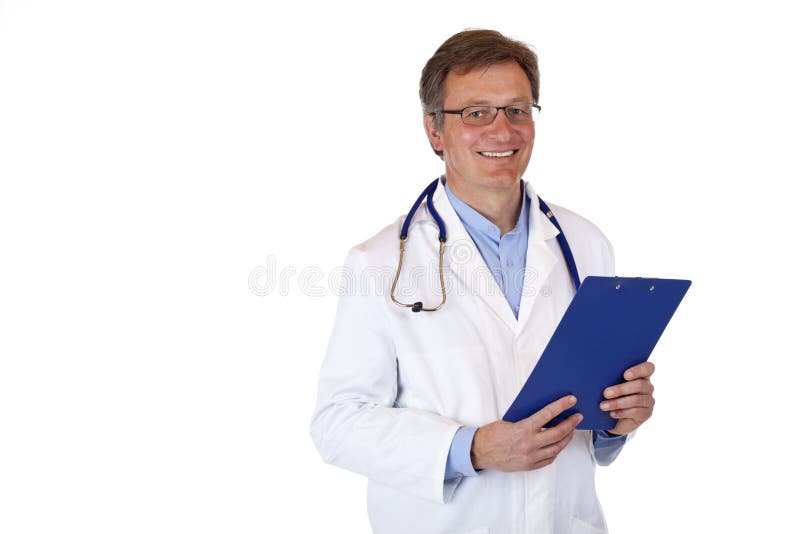 Handsome friendly physician holds medical record