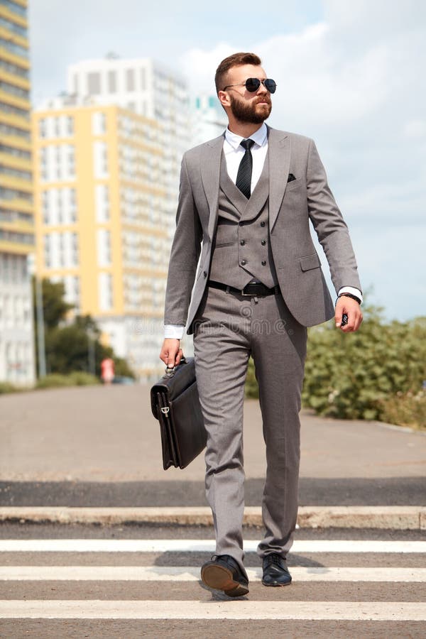 Handsome Guy in Suit Walk, Cross the Street Stock Image Image of