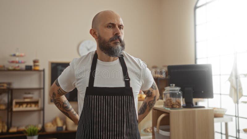 Handsome hispanic man with beard standing in bakery room indoors wearing apron royalty free stock photography