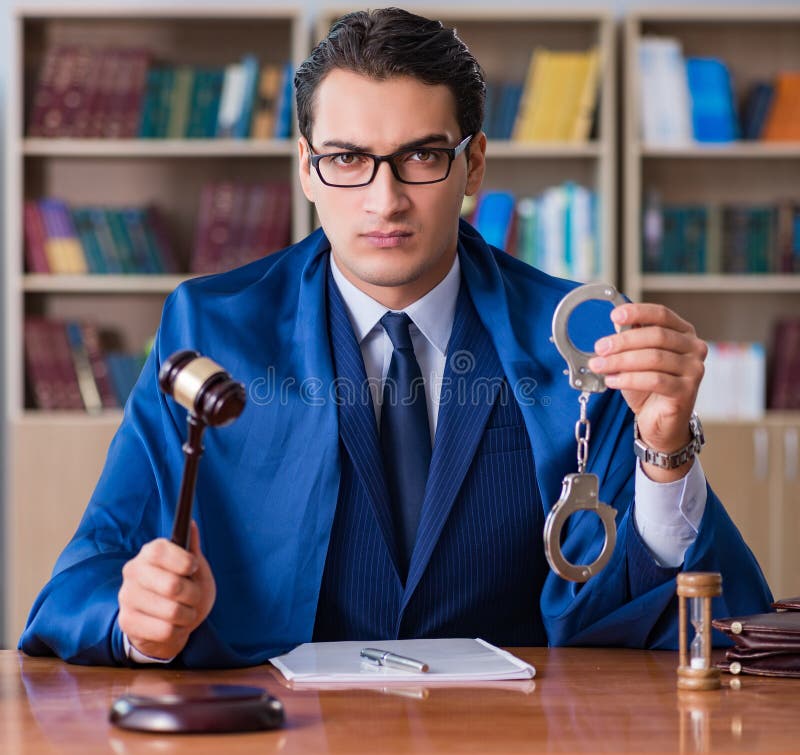 Handsome Judge with Gavel Sitting in Courtroom Stock Image Image of