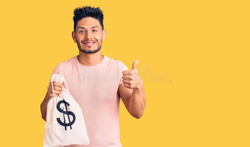 Handsome Latin American Young Man Holding Money Bag with Dollar Symbol ...