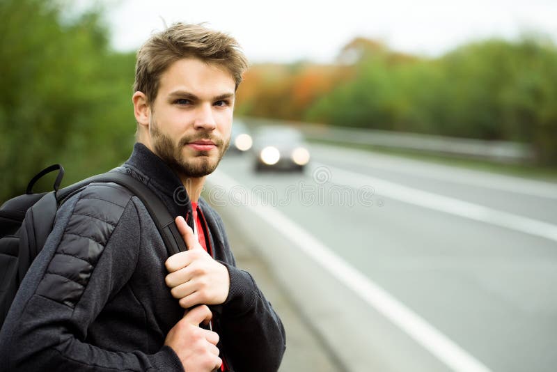 Handsome Macho Man With Backpack Stock Photo - Image of road, macho ...