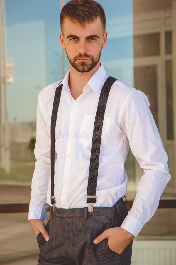 Portrait of Man with Beard is Wearing Suspenders Stock Photo - Image of ...