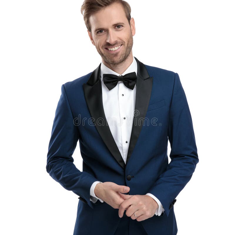 Handsome Man in Blue Tuxedo is Holding His Hands Together Stock Image ...