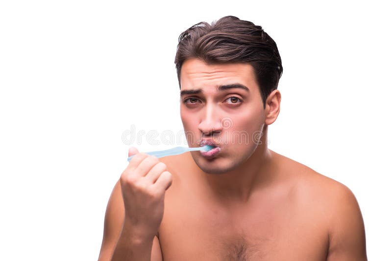 The Handsome Man Brushing His Teeth Isolated on White Stock Photo