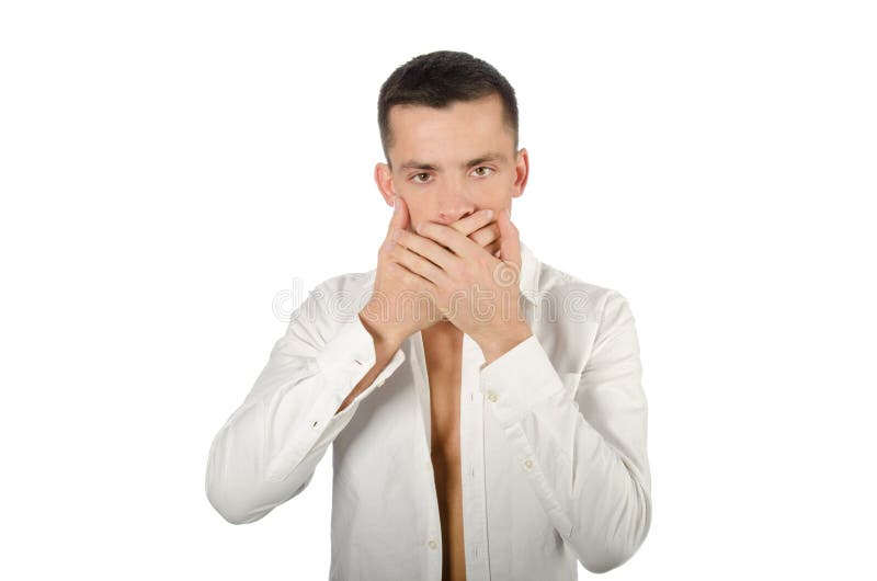 Young Handsome Guy Covers His Mouth with His Hands. Stock Photo Image