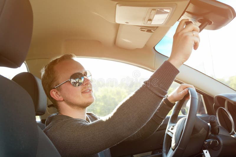 Handsome Man Driving Car Wearing Sunglasses Stock Image Image of