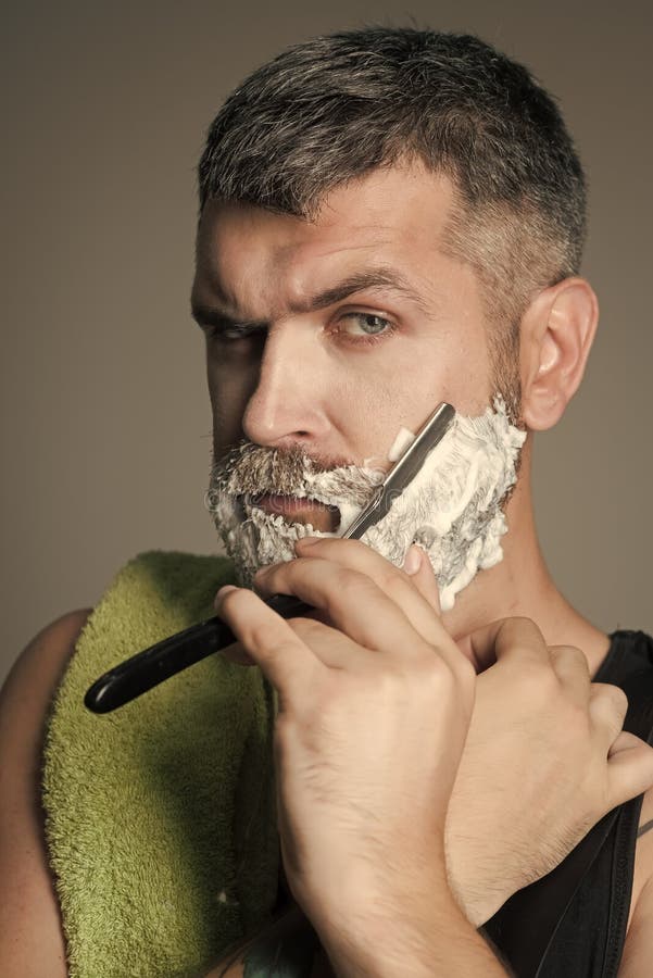 Handsome Man Face. Man Cut Beard and Mustache with Razor and Shaving Brush Stock Photo - Image of grey, future: 117922140 Handsome Man Face. Man Cut Beard and Mustache with Razor and Shaving Brush Stock Photo - Image of grey, future: 117922140