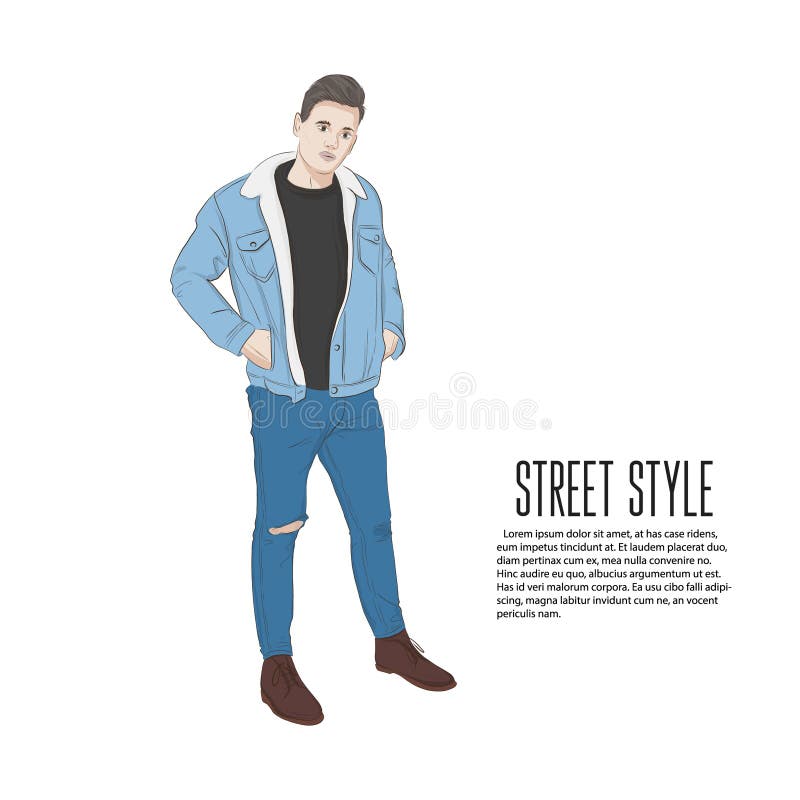 Handsome man in jeans jacket and t-shirt summer look. Street style fashion sketch. Hand drawn vector illustration.