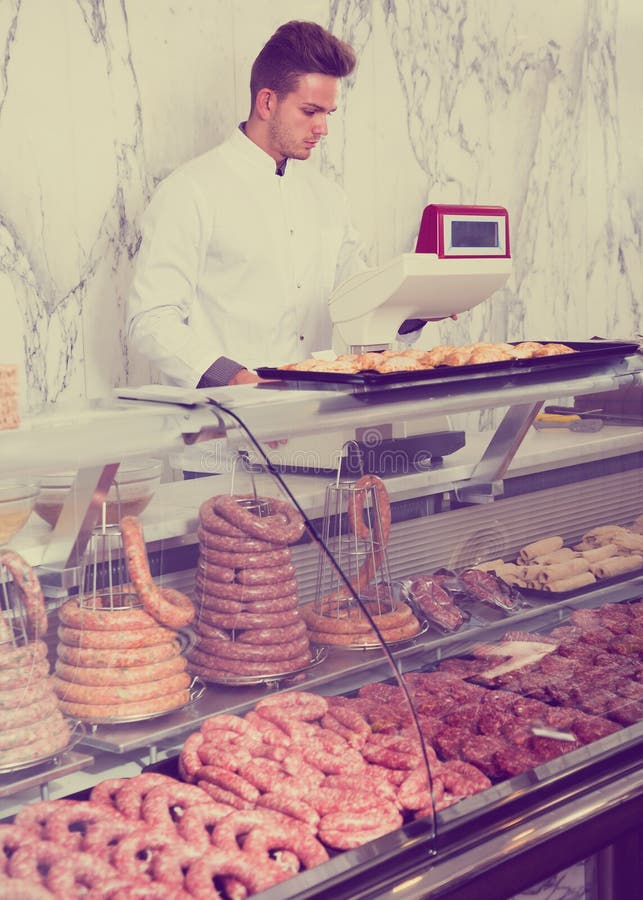 Handsome Man Seller Working at Meat Market Stock Image Image of flesh