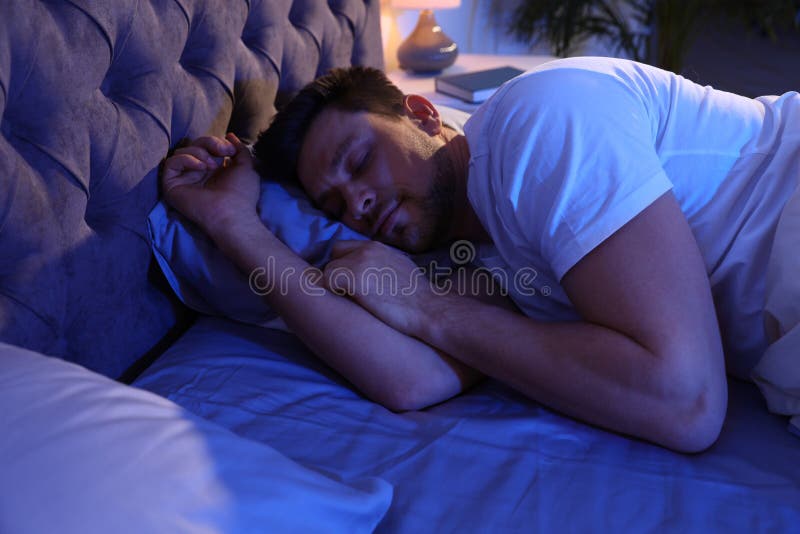 Handsome Man Sleeping on Pillow at Night Stock Image Image of indoors