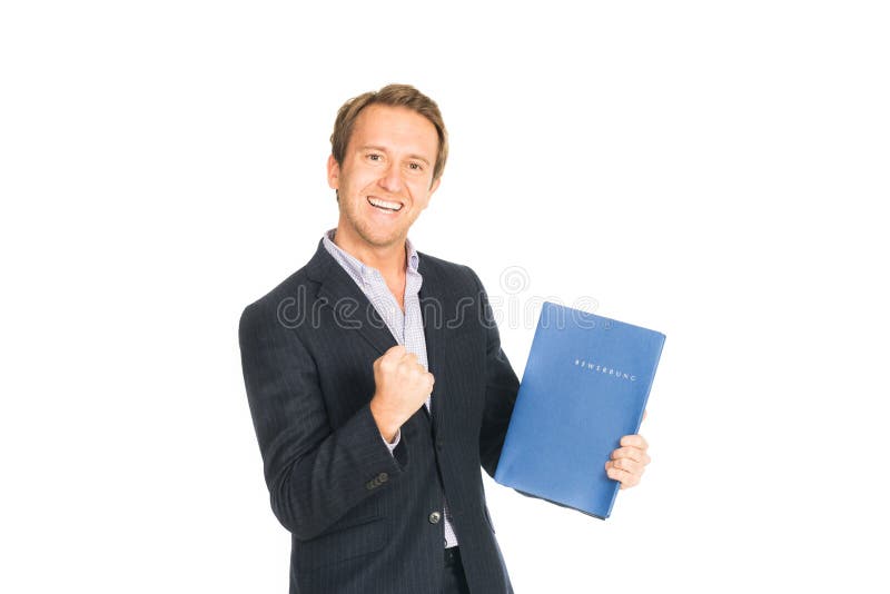 Handsome man in suit folder holding folder with job application isolated