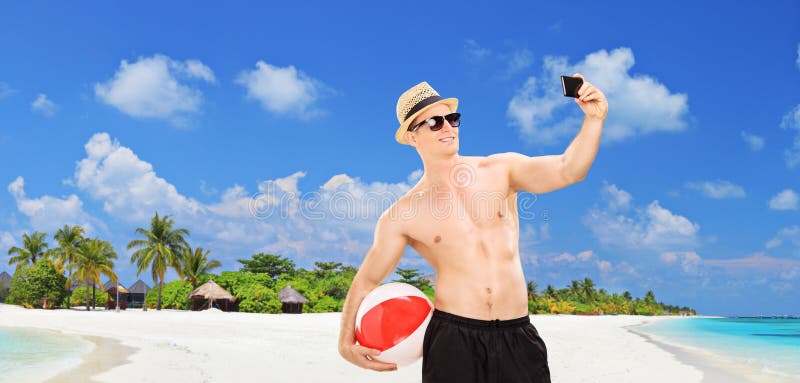 Panoramic View of Tourist Taking Selfie on a Beach Stock Image - Image ...