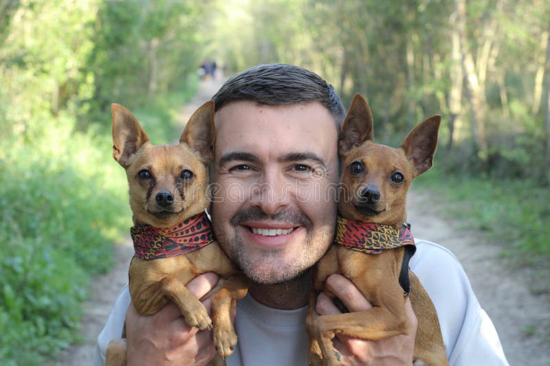 Handsome man with two cute twin dogs stock image