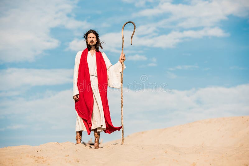 Handsome man walking with wooden cane in desert